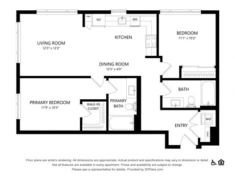 Floor plan for 2 beds, 2 baths, 965 sqft